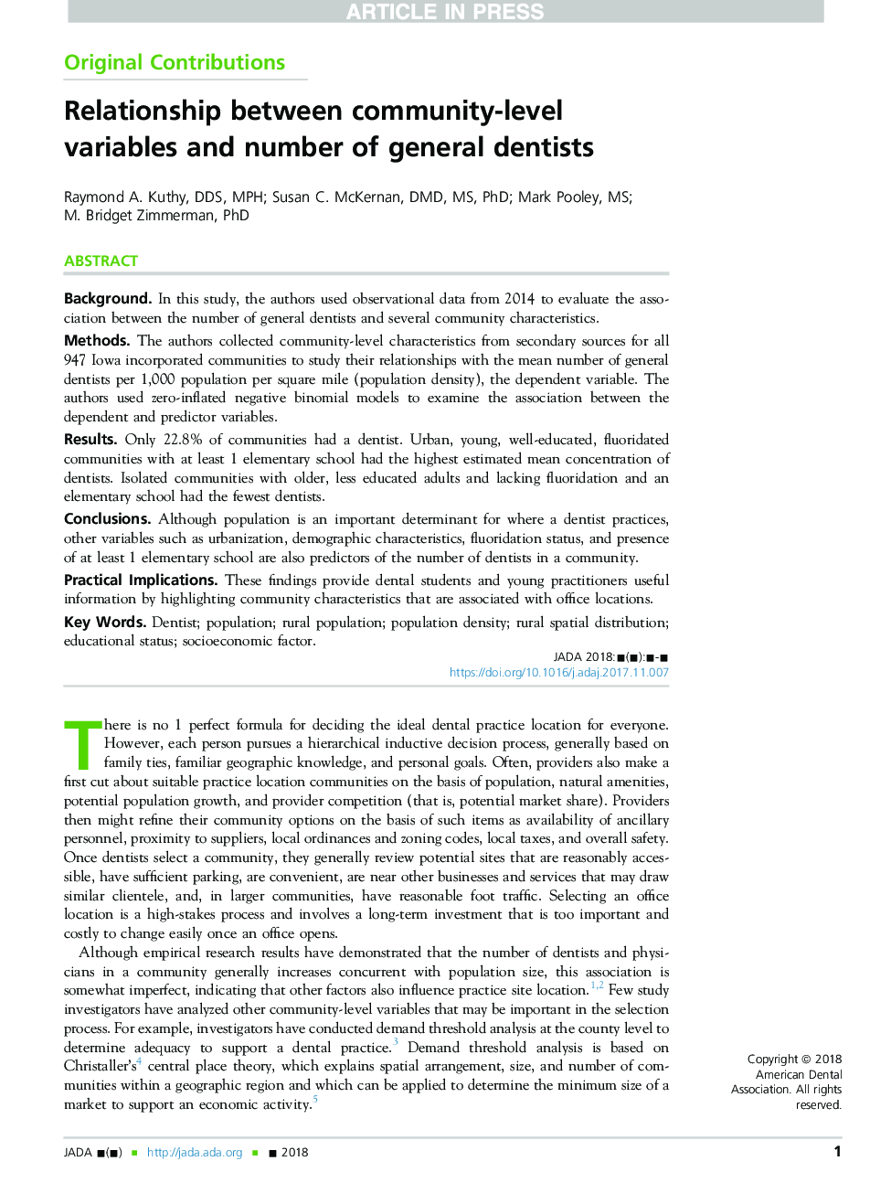 Relationship between community-level variables and number of general dentists