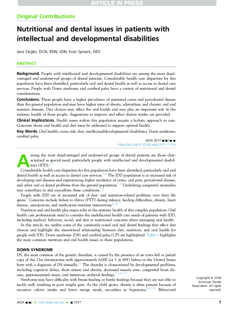 Nutritional and dental issues in patients with intellectual and developmental disabilities