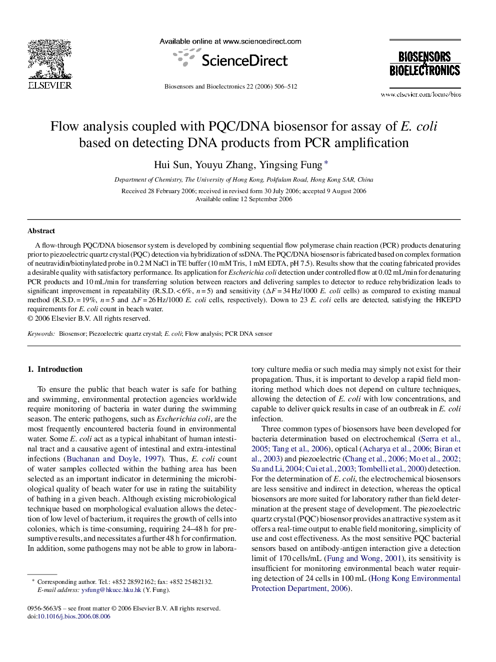 Flow analysis coupled with PQC/DNA biosensor for assay of E. coli based on detecting DNA products from PCR amplification