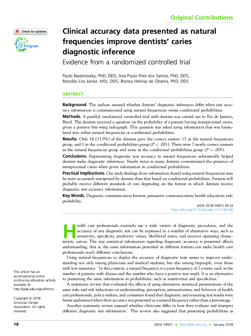 Clinical accuracy data presented as natural frequencies improve dentists' caries diagnostic inference