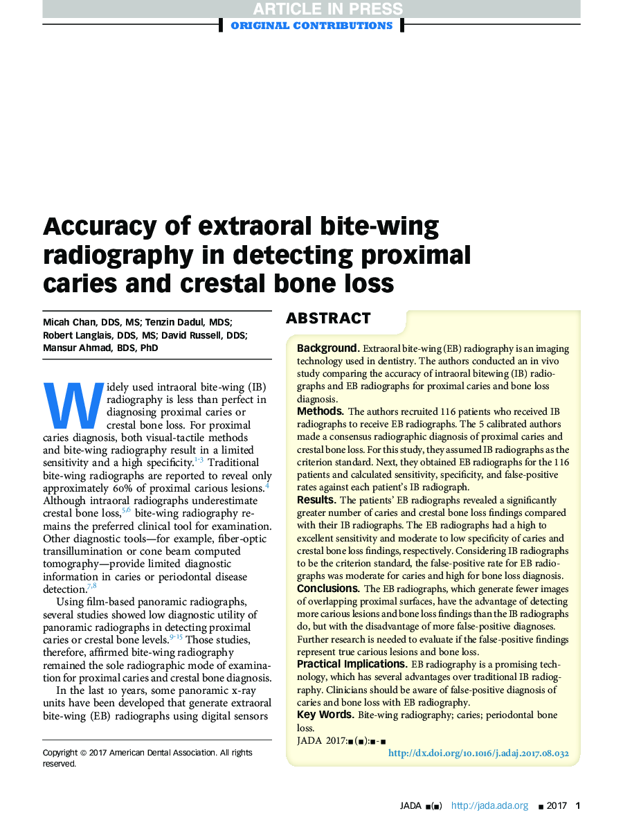 Accuracy of extraoral bite-wing radiography in detecting proximal caries and crestal boneÂ loss