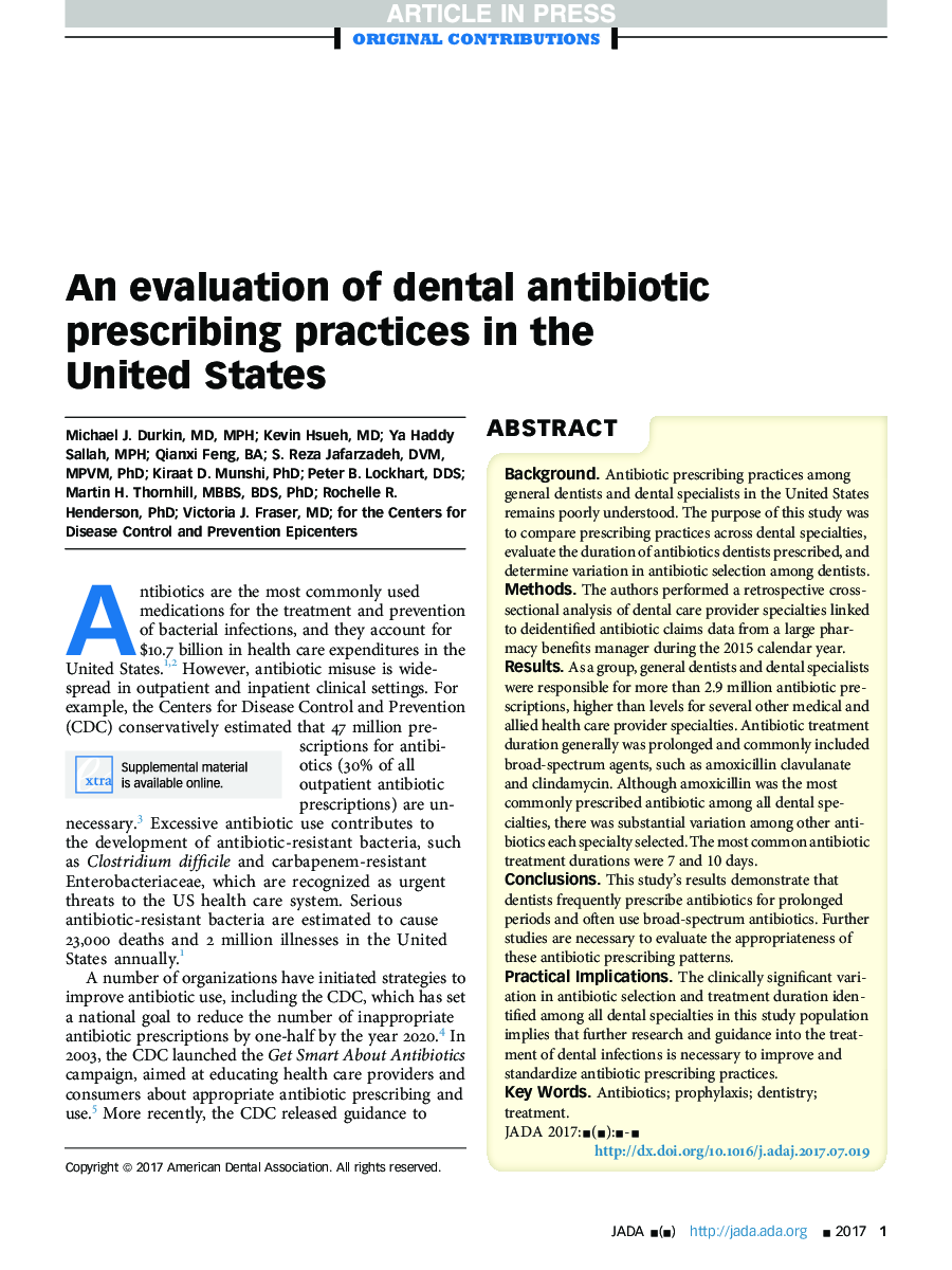 An evaluation of dental antibiotic prescribing practices in the United States