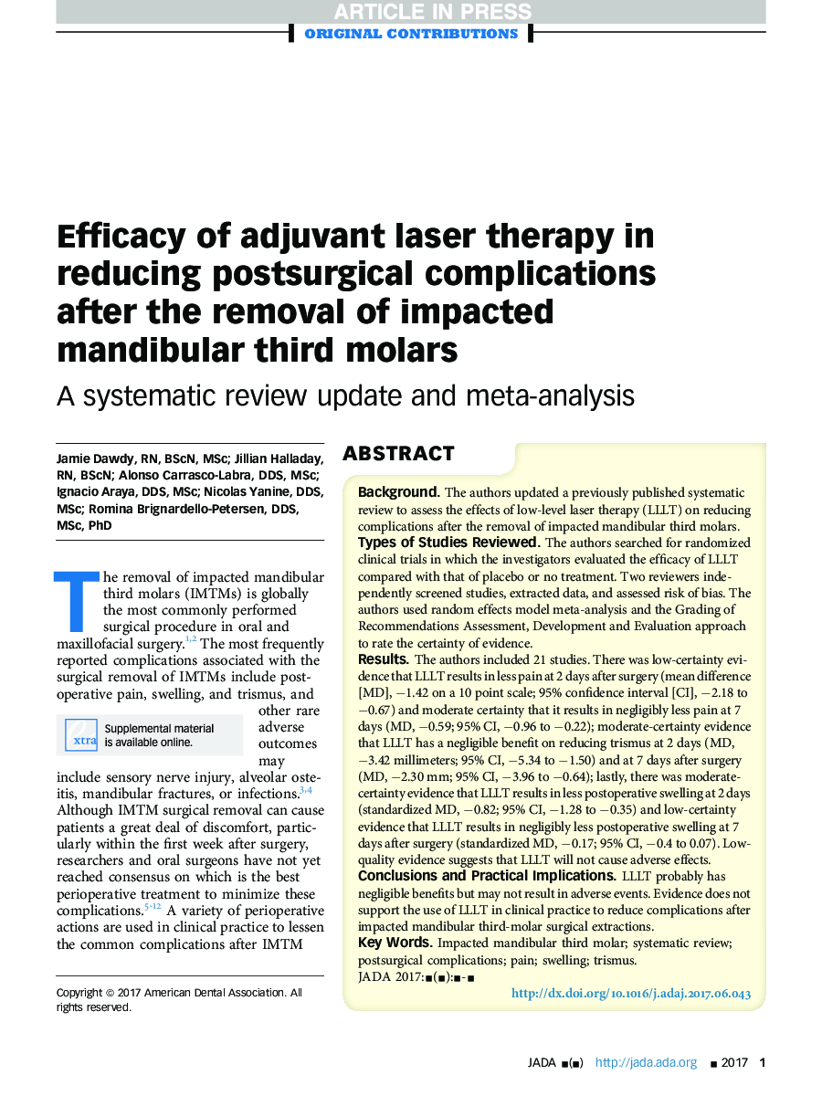 Efficacy of adjuvant laser therapy in reducing postsurgical complications after the removal of impacted mandibular third molars