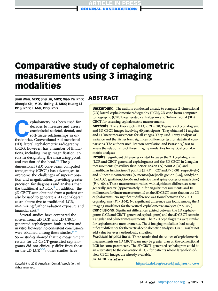 Comparative study of cephalometric measurements using 3 imaging modalities