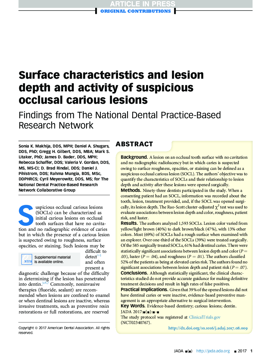 Surface characteristics and lesion depth and activity of suspicious occlusal carious lesions