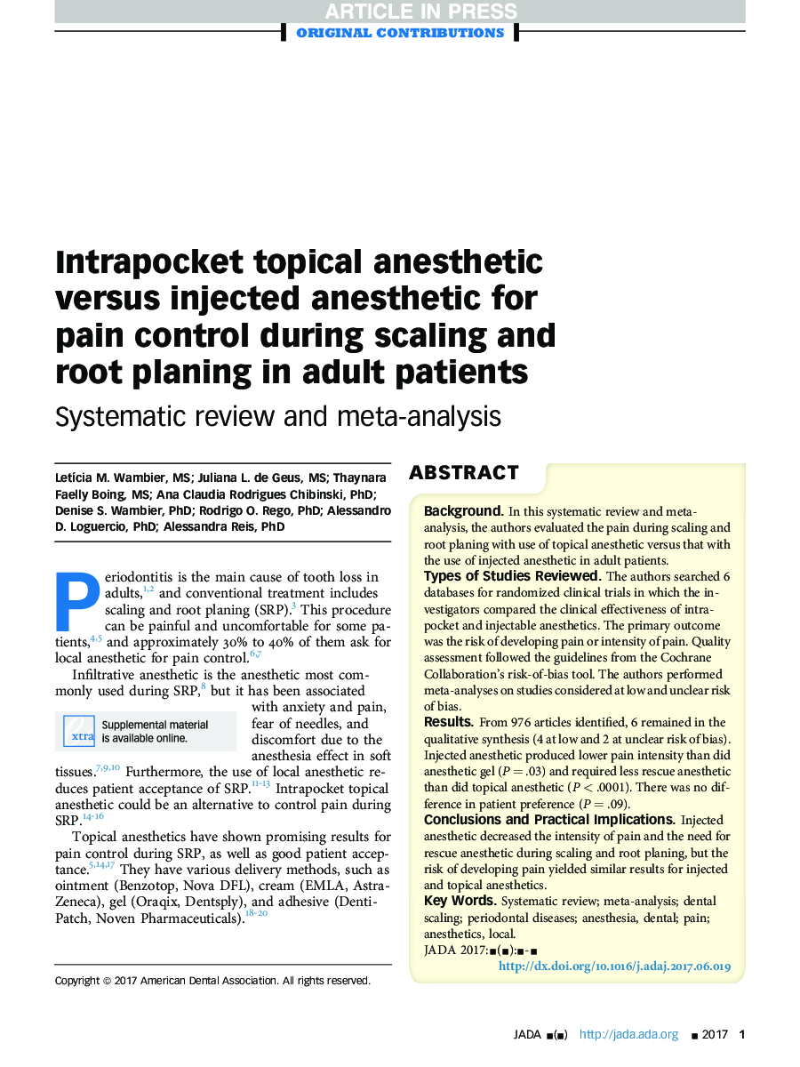 Intrapocket topical anesthetic versus injected anesthetic for pain control during scaling and root planing in adult patients