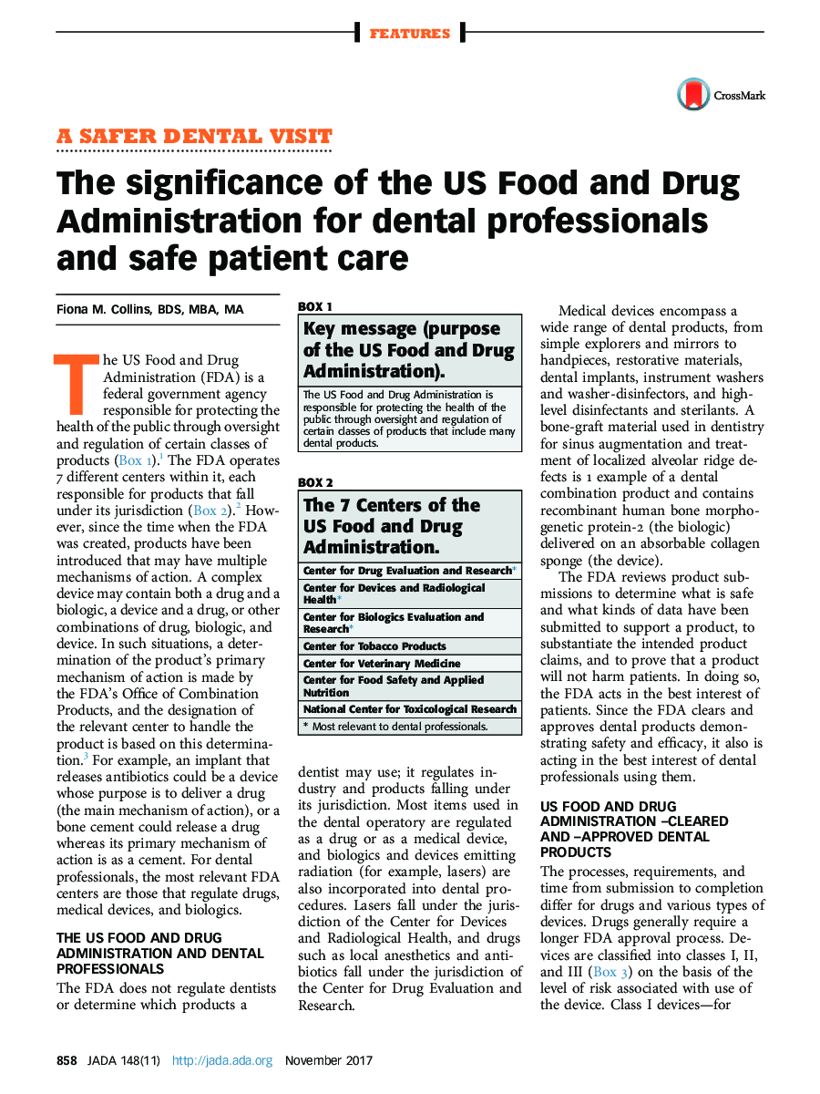The significance of the US Food and Drug Administration for dental professionals and safe patient care
