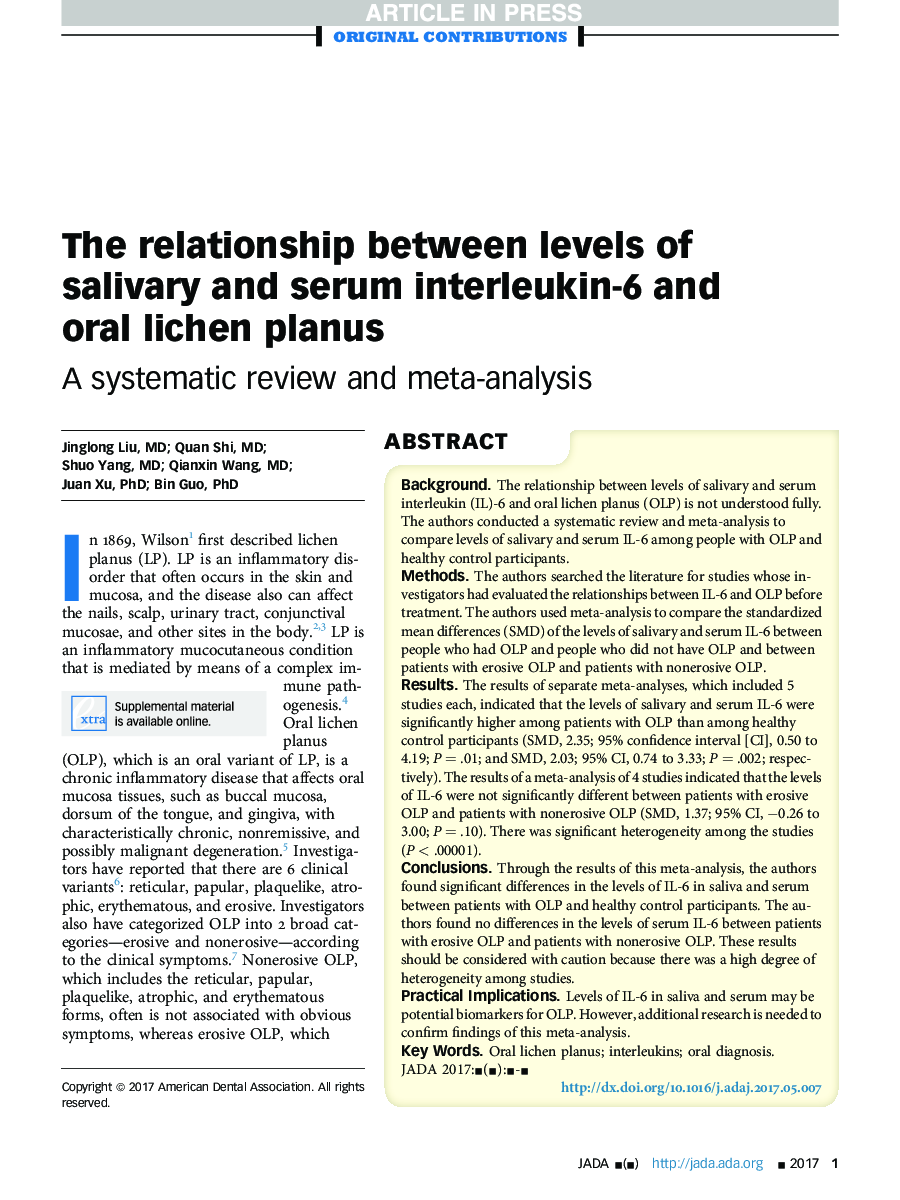 The relationship between levels of salivary and serum interleukin-6 and oral lichen planus