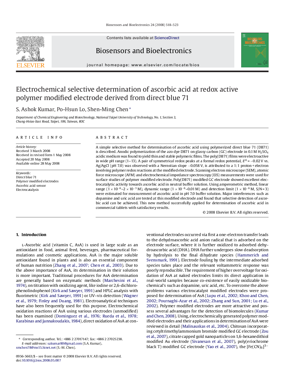 Electrochemical selective determination of ascorbic acid at redox active polymer modified electrode derived from direct blue 71