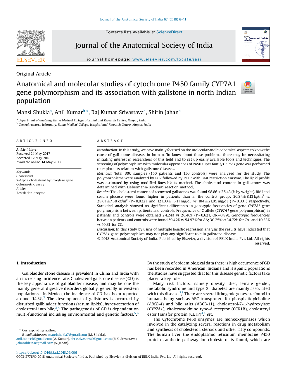 Anatomical and molecular studies of cytochrome P450 family CYP7A1 gene polymorphism and its association with gallstone in north Indian population