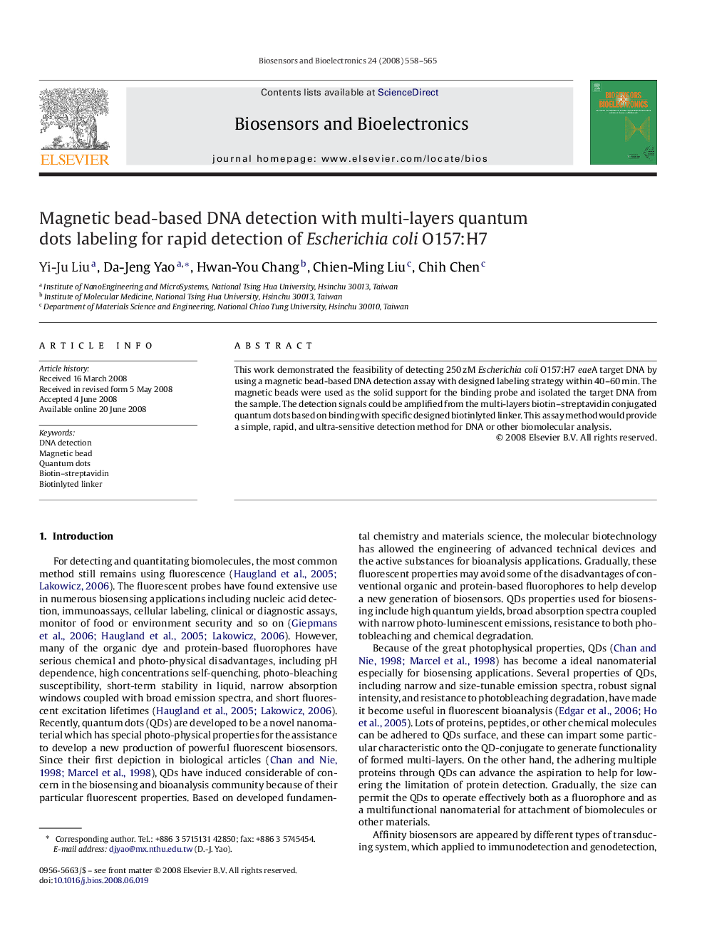 Magnetic bead-based DNA detection with multi-layers quantum dots labeling for rapid detection of Escherichia coli O157:H7