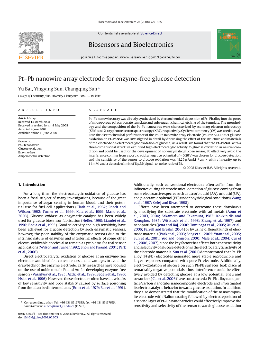 Pt–Pb nanowire array electrode for enzyme-free glucose detection