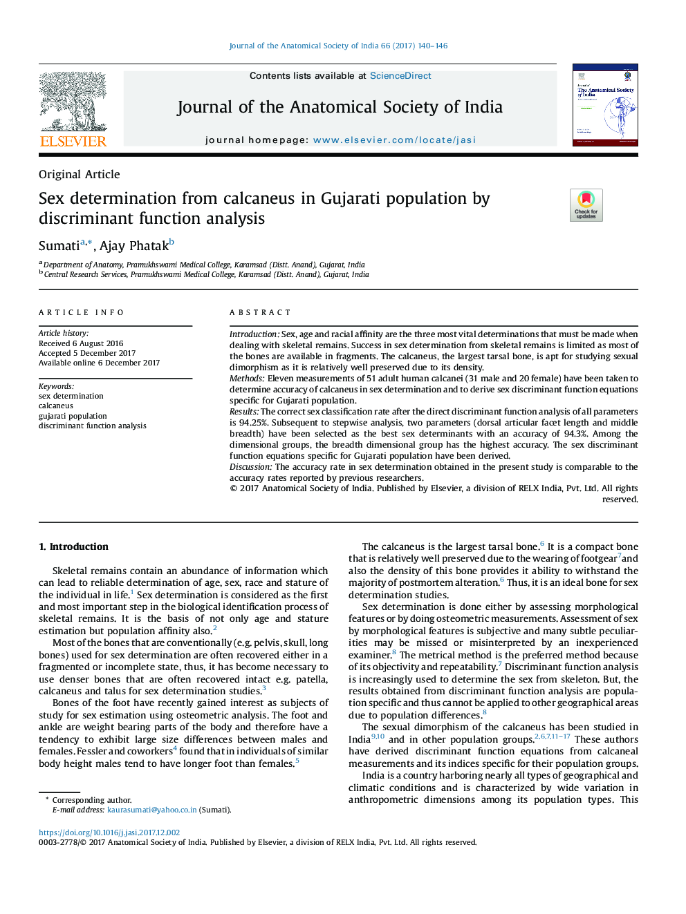 Sex determination from calcaneus in Gujarati population by discriminant function analysis