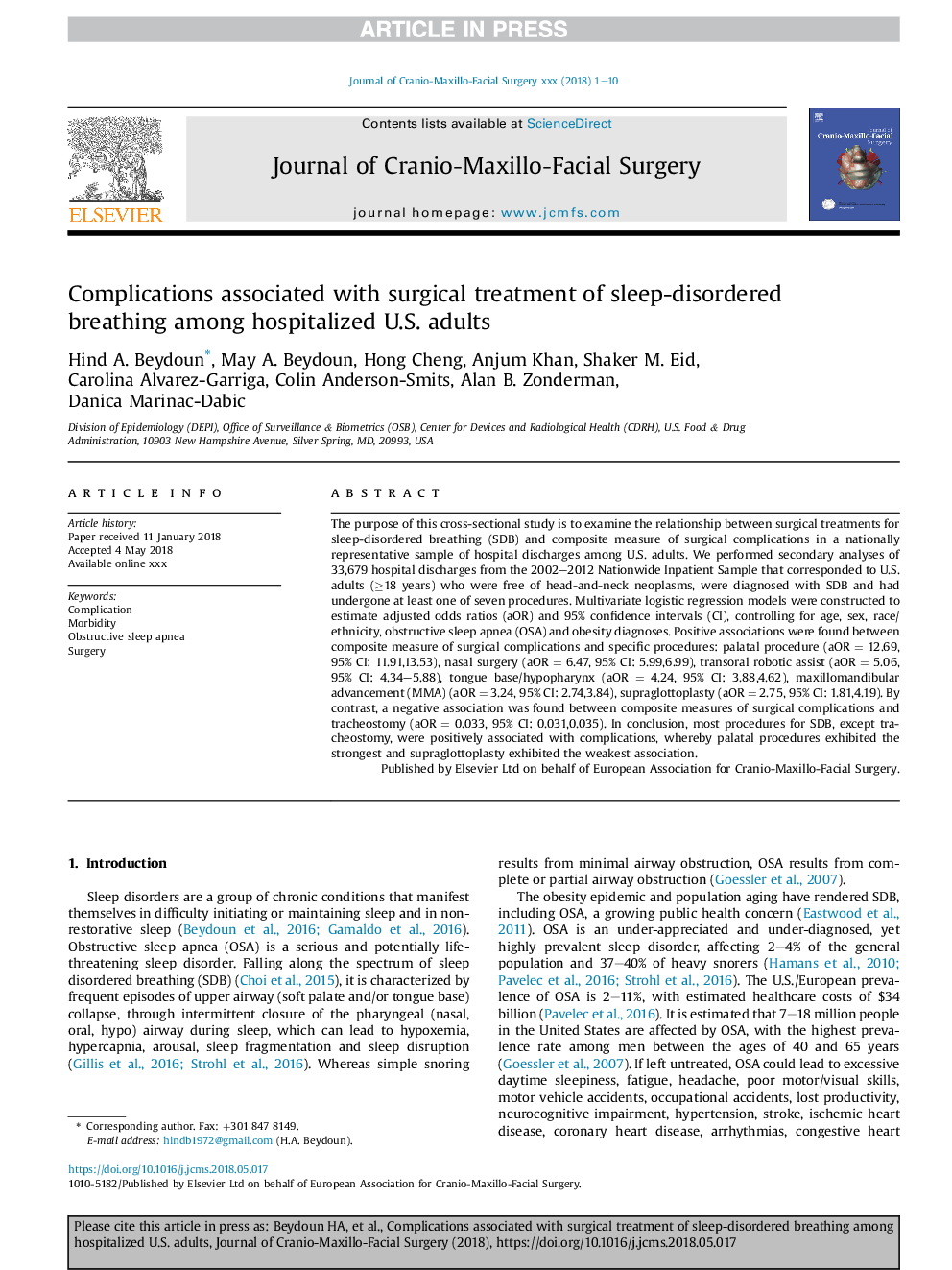 Complications associated with surgical treatment of sleep-disordered breathing among hospitalized U.S. adults