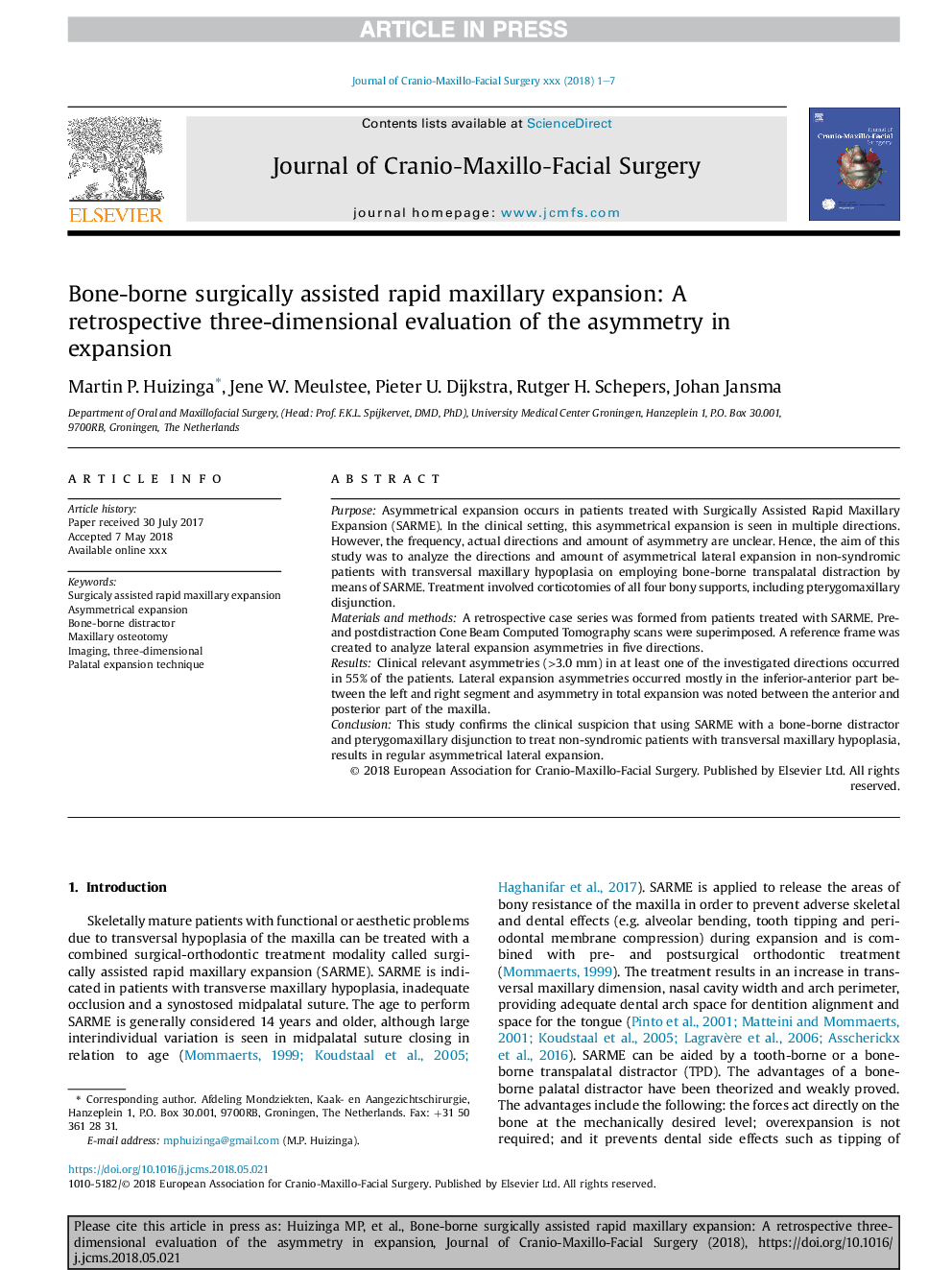 Bone-borne surgically assisted rapid maxillary expansion: A retrospective three-dimensional evaluation of the asymmetry in expansion