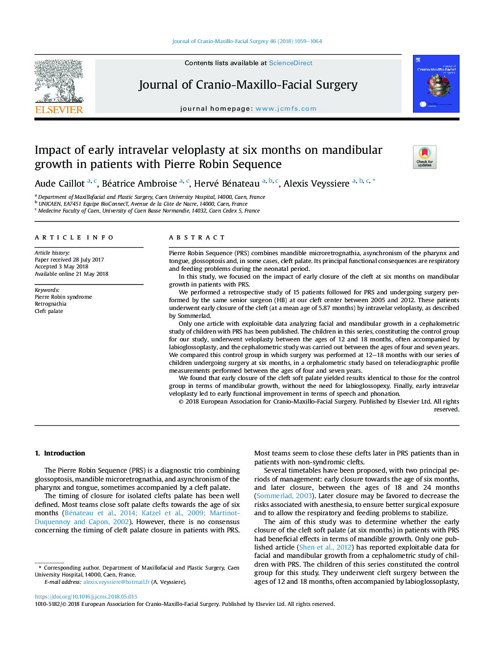 Impact of early intravelar veloplasty at six months on mandibular growth in patients with Pierre Robin Sequence