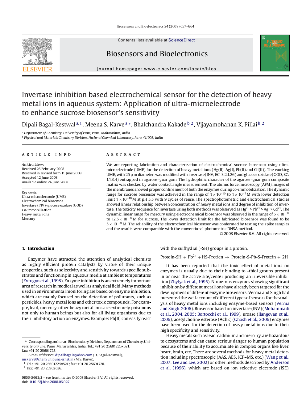 Invertase inhibition based electrochemical sensor for the detection of heavy metal ions in aqueous system: Application of ultra-microelectrode to enhance sucrose biosensor's sensitivity