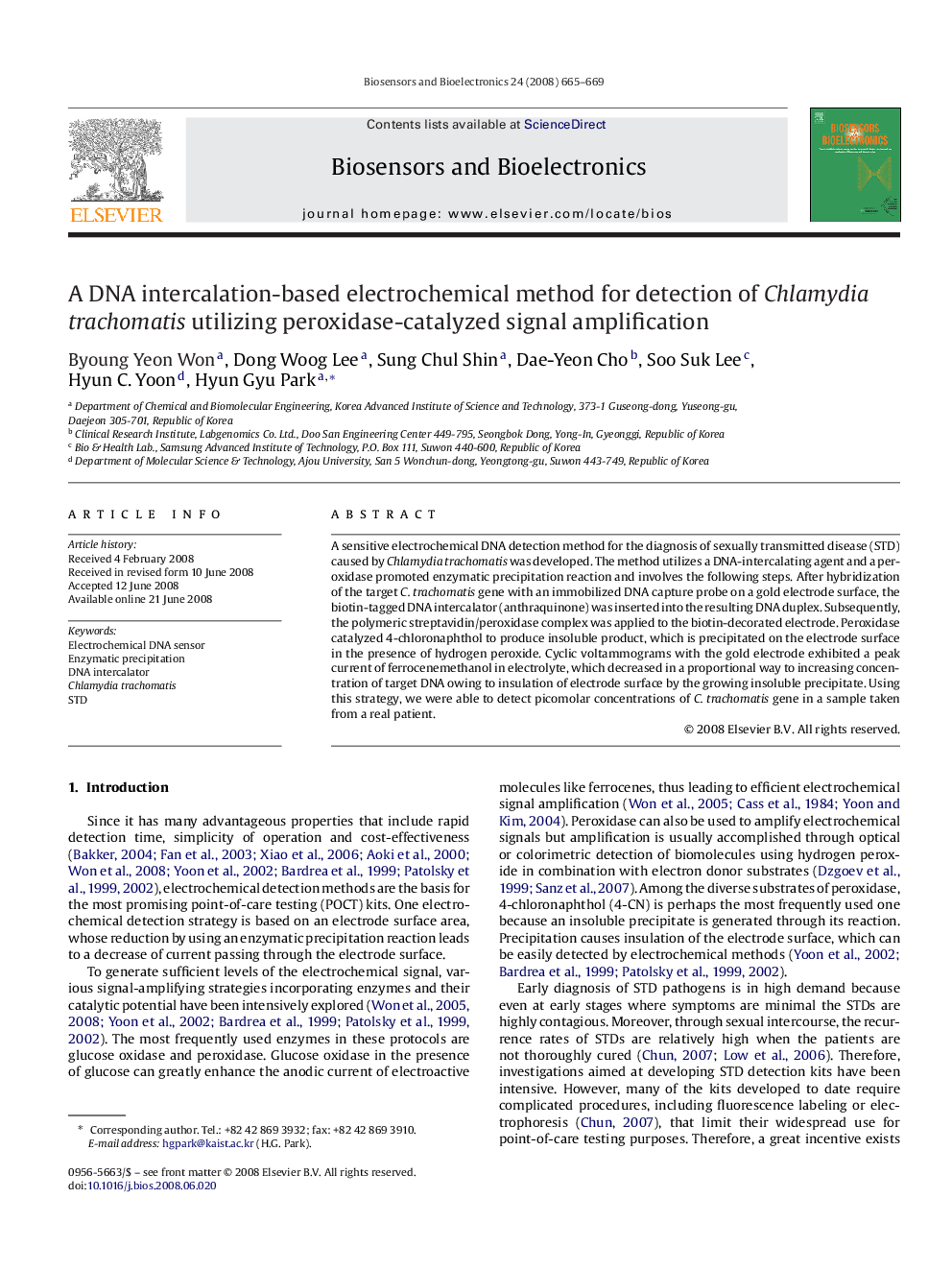 A DNA intercalation-based electrochemical method for detection of Chlamydia trachomatis utilizing peroxidase-catalyzed signal amplification