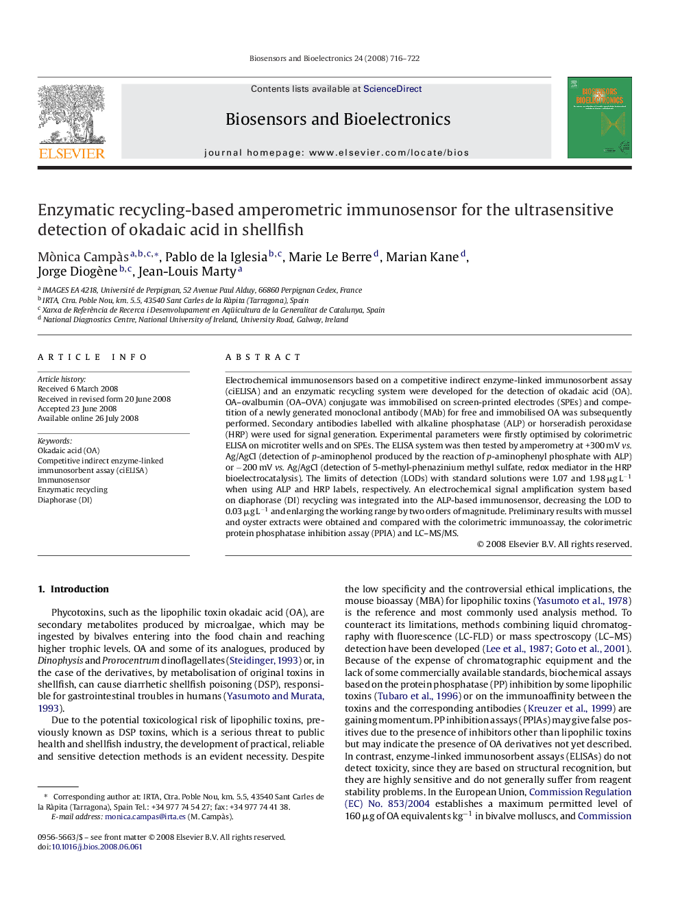 Enzymatic recycling-based amperometric immunosensor for the ultrasensitive detection of okadaic acid in shellfish