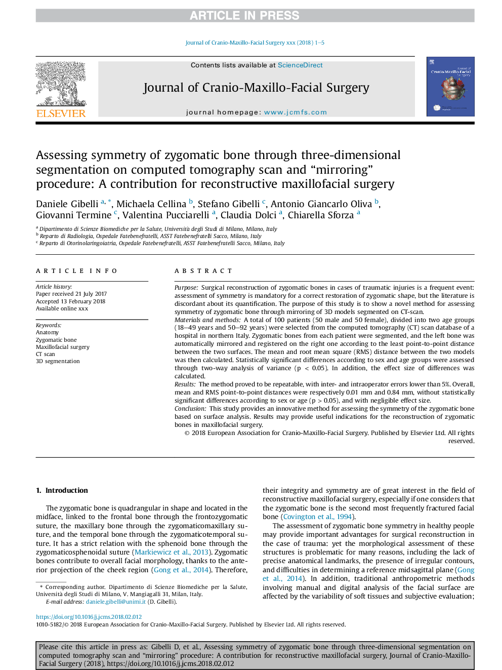 Assessing symmetry of zygomatic bone through three-dimensional segmentation on computed tomography scan and “mirroring” procedure: A contribution for reconstructive maxillofacial surgery