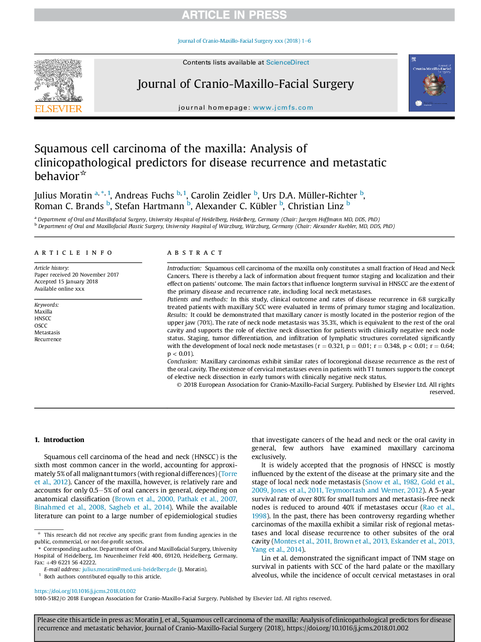 Squamous cell carcinoma of the maxilla: Analysis of clinicopathological predictors for disease recurrence and metastatic behavior