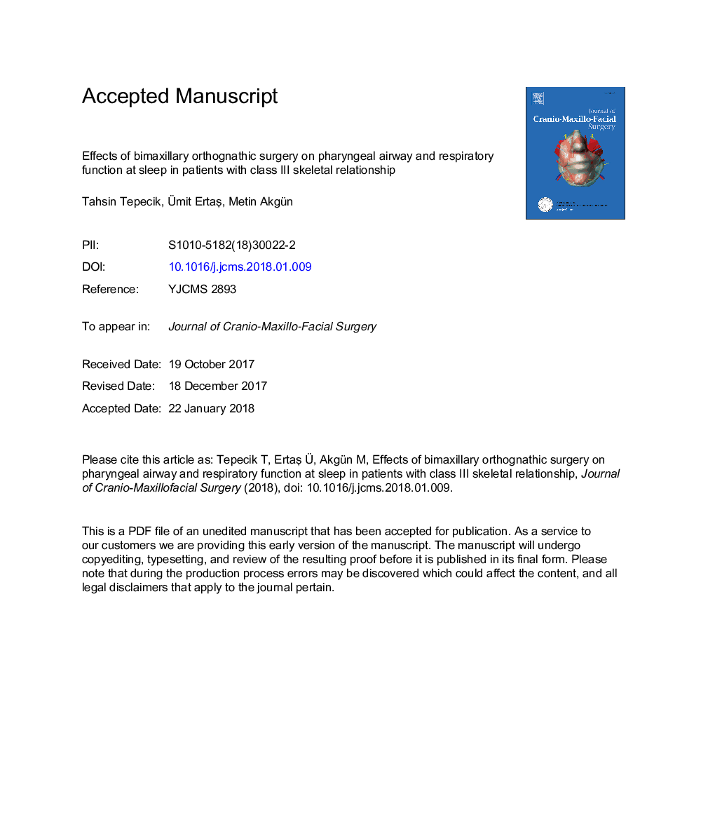 Effects of bimaxillary orthognathic surgery on pharyngeal airway and respiratory function at sleep in patients with class III skeletal relationship