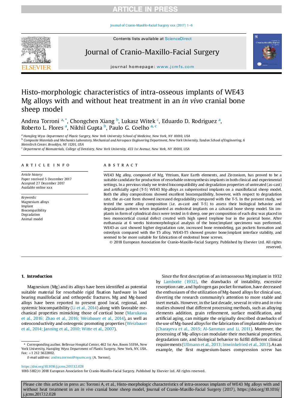 Histo-morphologic characteristics of intra-osseous implants of WE43 Mg alloys with and without heat treatment in an inÂ vivo cranial bone sheep model