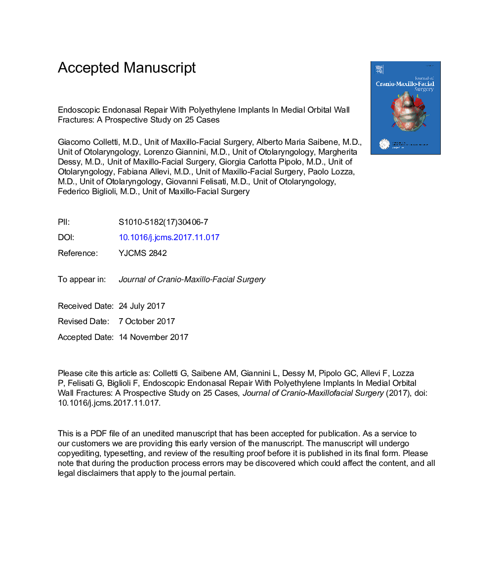 Endoscopic endonasal repair with polyethylene implants in medial orbital wall fractures: A prospective study on 25 cases