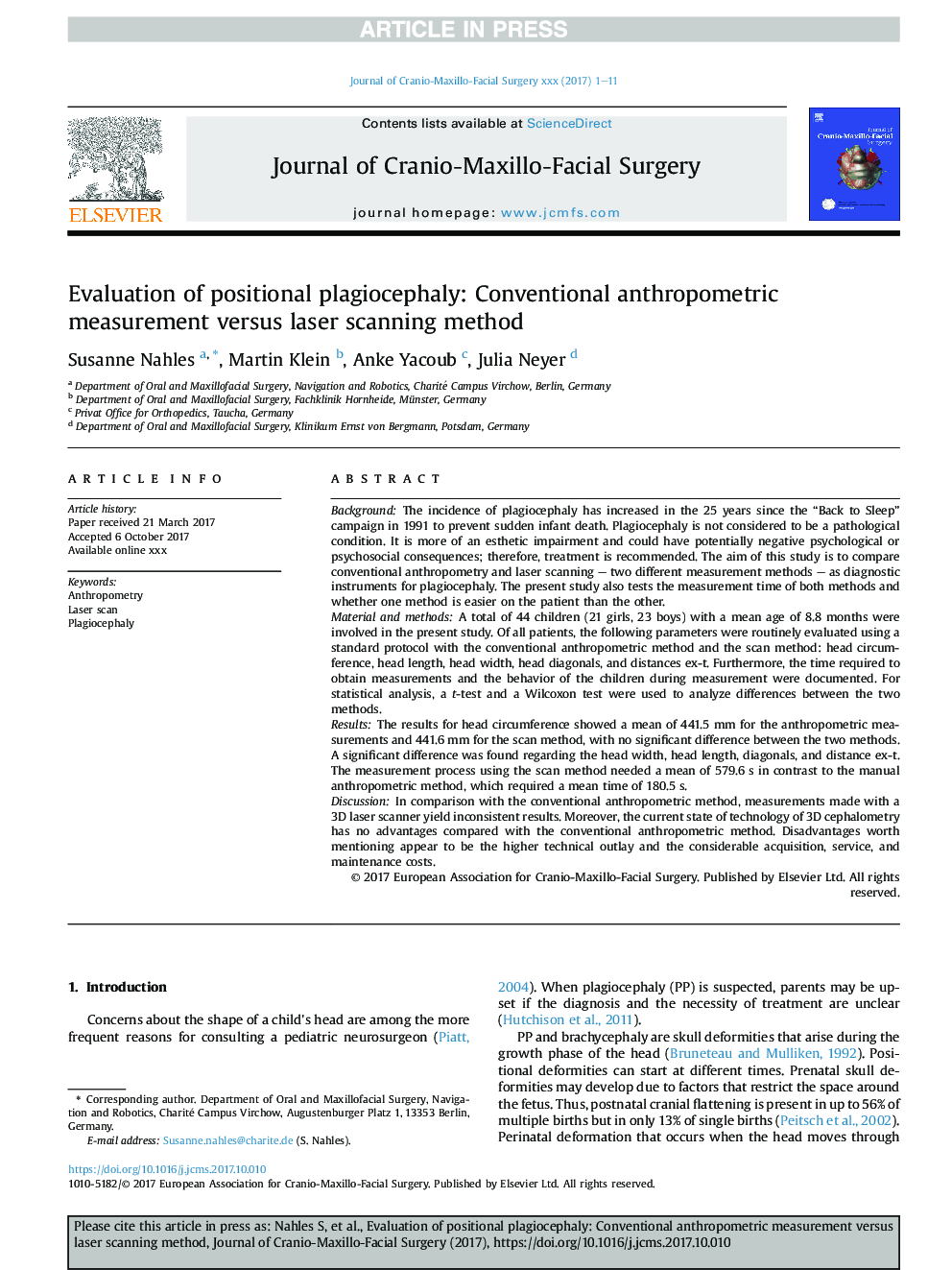 Evaluation of positional plagiocephaly: Conventional anthropometric measurement versus laser scanning method