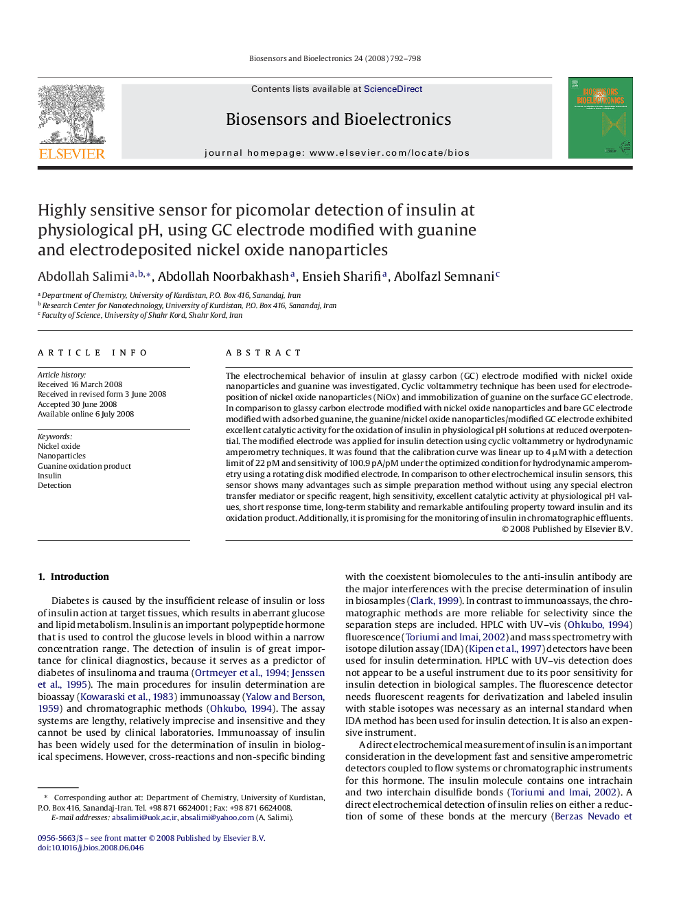 Highly sensitive sensor for picomolar detection of insulin at physiological pH, using GC electrode modified with guanine and electrodeposited nickel oxide nanoparticles