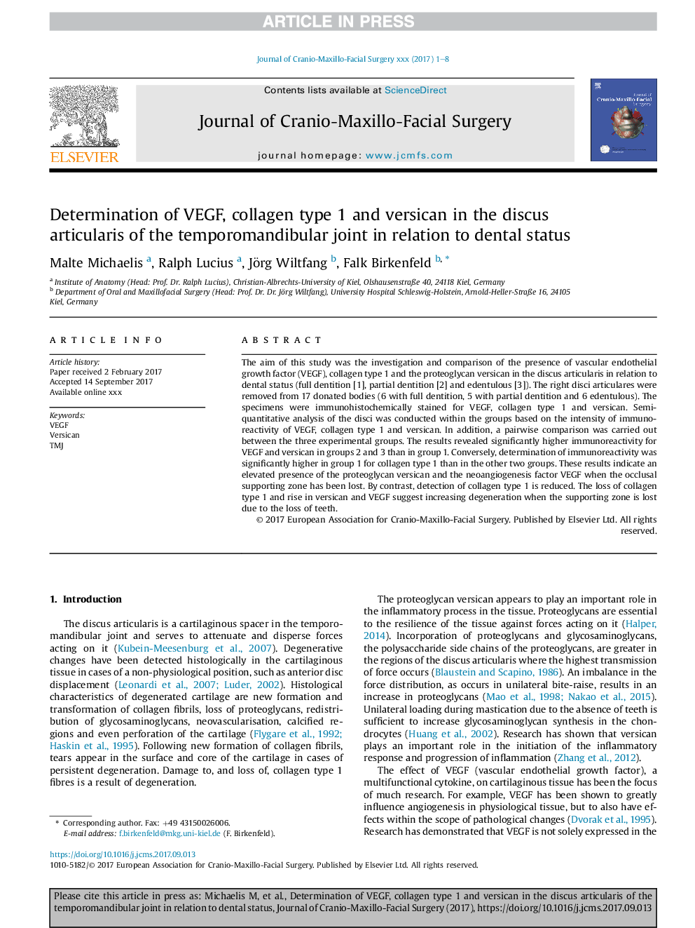 Determination of VEGF, collagen type 1 and versican in the discus articularis of the temporomandibular joint in relation to dental status