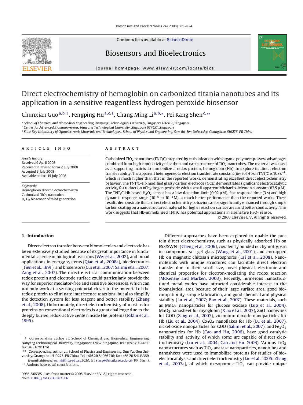 Direct electrochemistry of hemoglobin on carbonized titania nanotubes and its application in a sensitive reagentless hydrogen peroxide biosensor