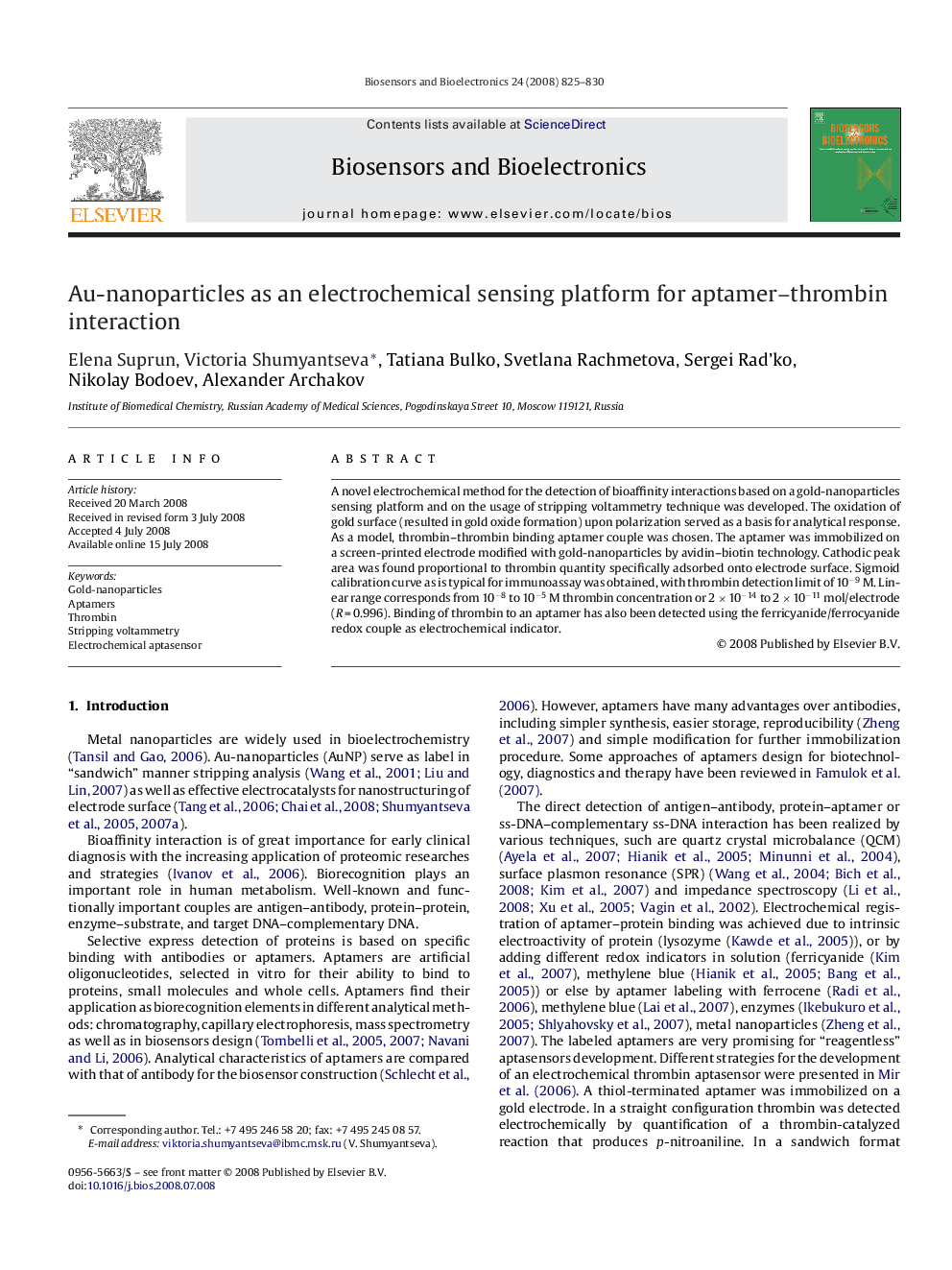 Au-nanoparticles as an electrochemical sensing platform for aptamer–thrombin interaction