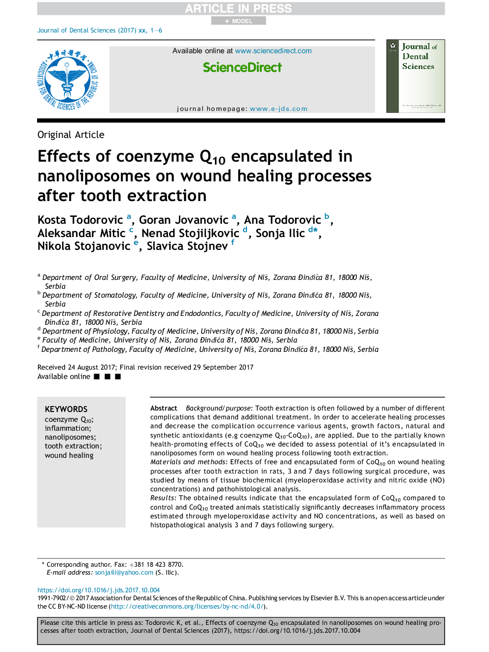 Effects of coenzyme Q10 encapsulated in nanoliposomes on wound healing processes after tooth extraction