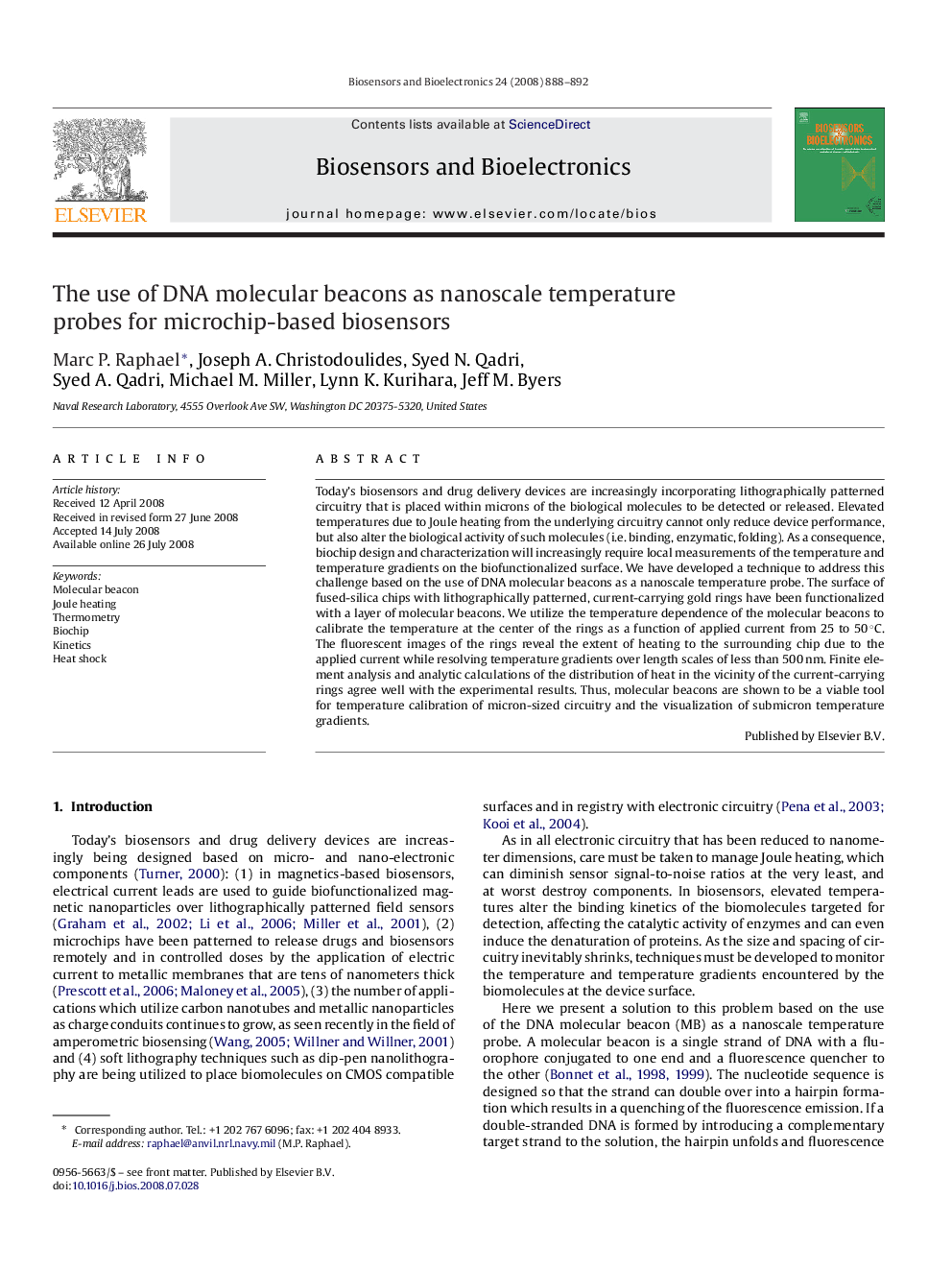 The use of DNA molecular beacons as nanoscale temperature probes for microchip-based biosensors