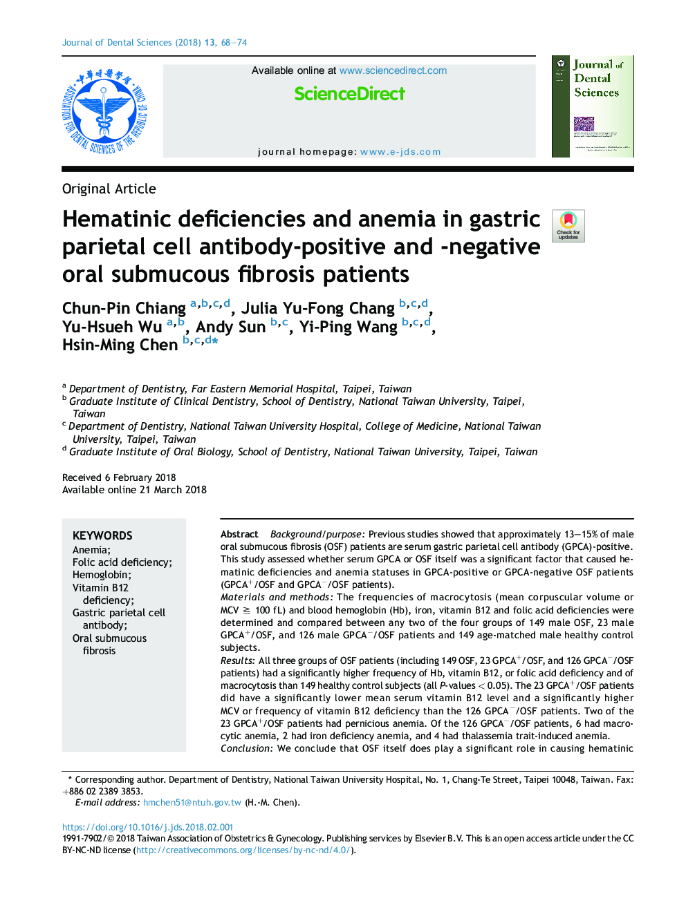 Hematinic deficiencies and anemia in gastric parietal cell antibody-positive and -negative oral submucous fibrosis patients