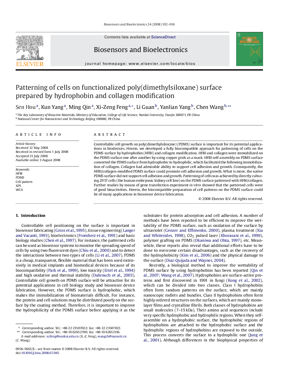 Patterning of cells on functionalized poly(dimethylsiloxane) surface prepared by hydrophobin and collagen modification