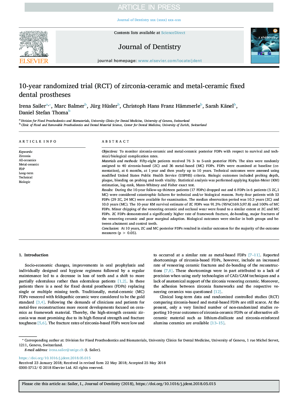 10-year randomized trial (RCT) of zirconia-ceramic and metal-ceramic fixed dental prostheses