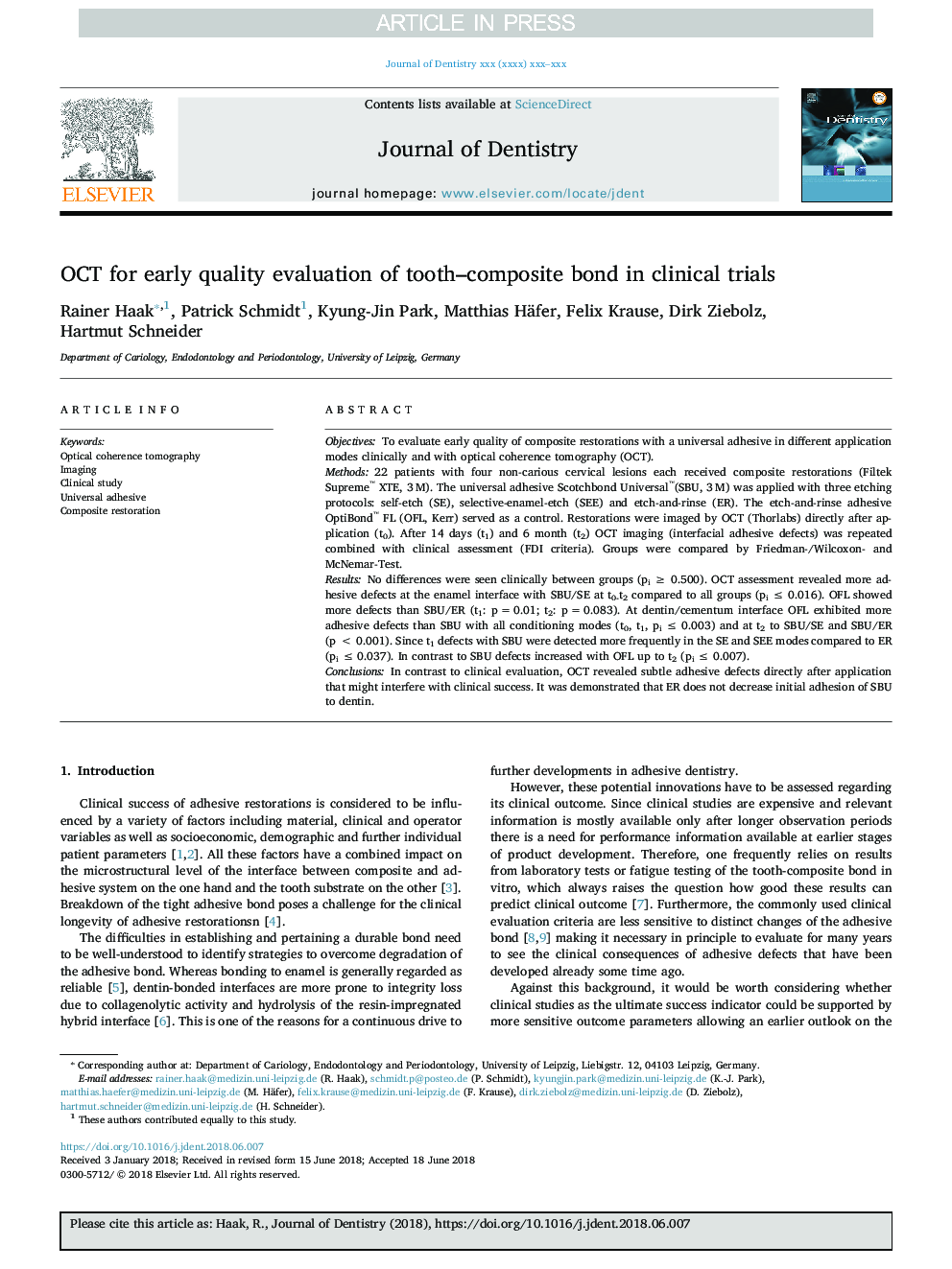 OCT for early quality evaluation of tooth-composite bond in clinical trials