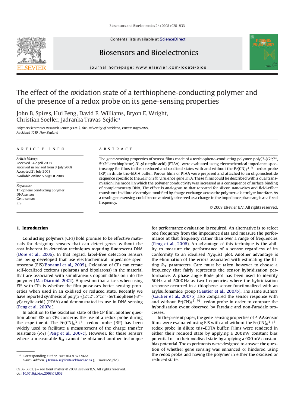 The effect of the oxidation state of a terthiophene-conducting polymer and of the presence of a redox probe on its gene-sensing properties