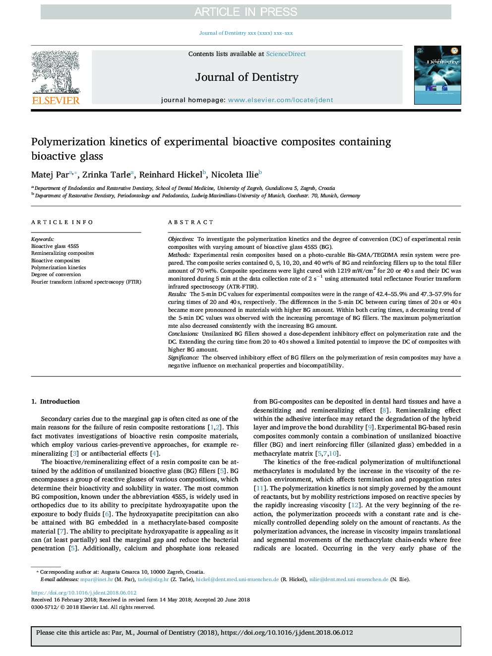 Polymerization kinetics of experimental bioactive composites containing bioactive glass