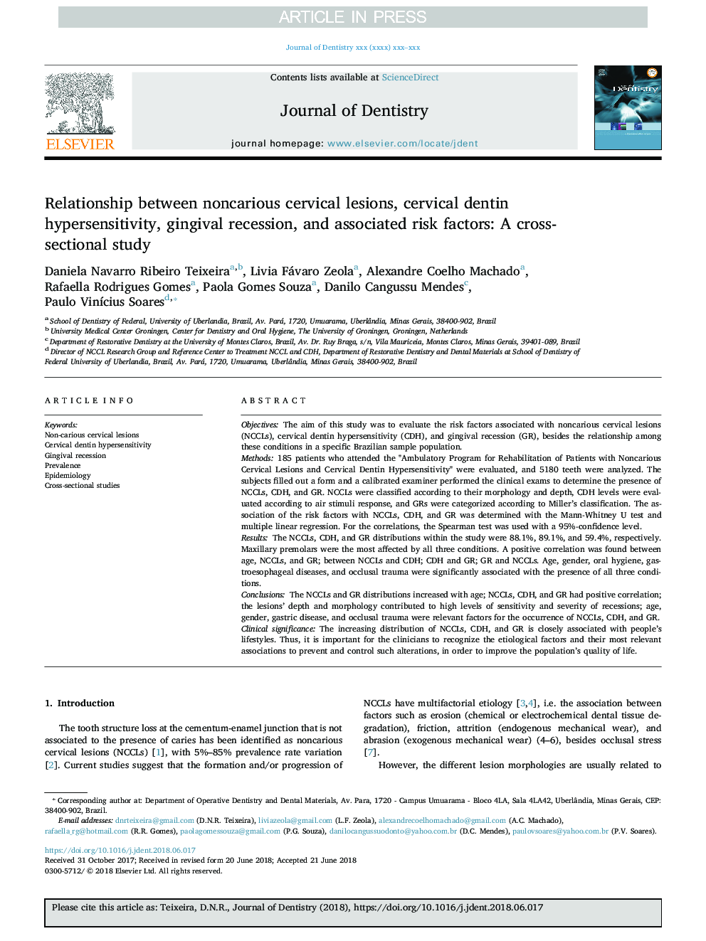 Relationship between noncarious cervical lesions, cervical dentin hypersensitivity, gingival recession, and associated risk factors: A cross-sectional study