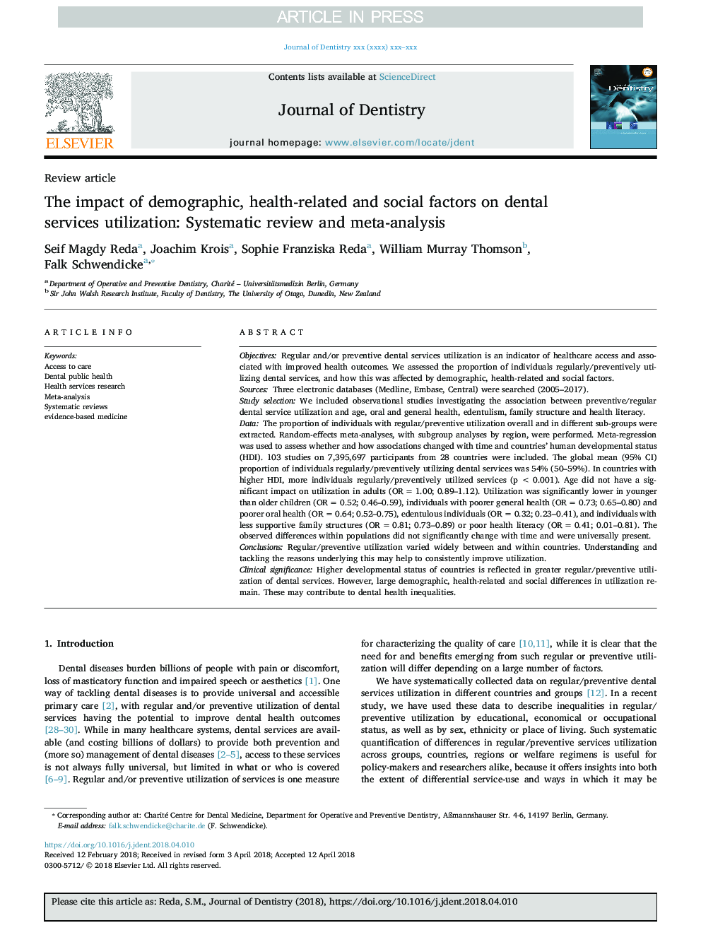 تأثیر عوامل جمعیت شناختی، بهداشتی و اجتماعی بر استفاده از خدمات دندانپزشکی: بررسی سیستماتیک و متاآنالیز 