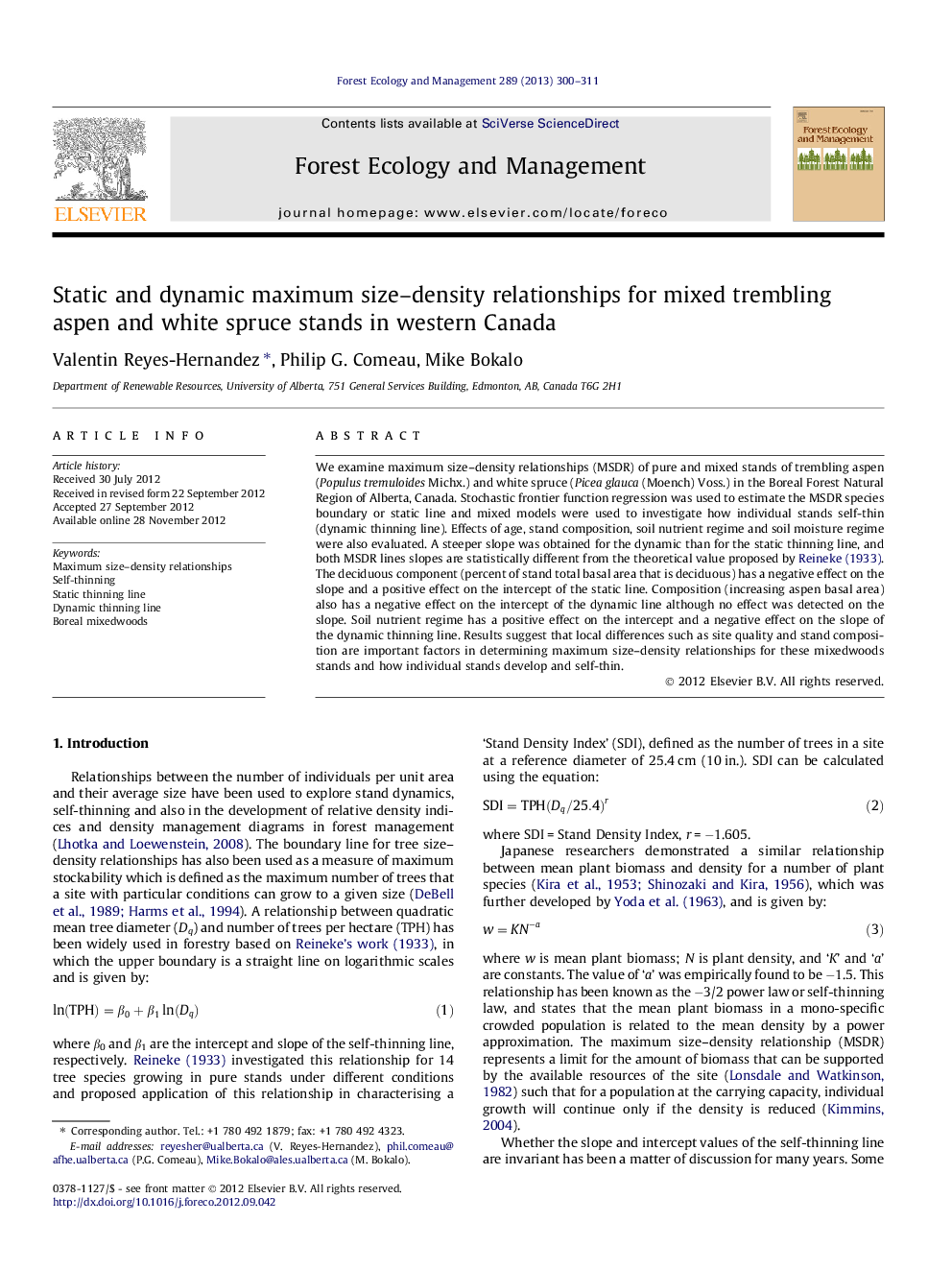 Static and dynamic maximum size–density relationships for mixed trembling aspen and white spruce stands in western Canada