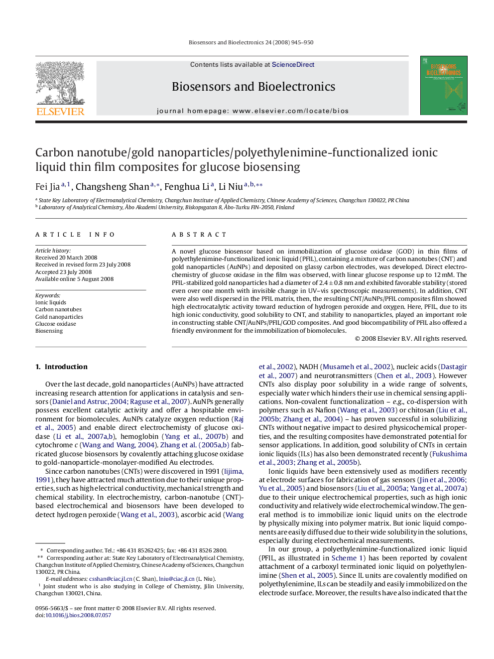 Carbon nanotube/gold nanoparticles/polyethylenimine-functionalized ionic liquid thin film composites for glucose biosensing