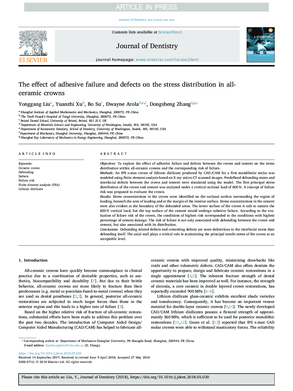 The effect of adhesive failure and defects on the stress distribution in all-ceramic crowns