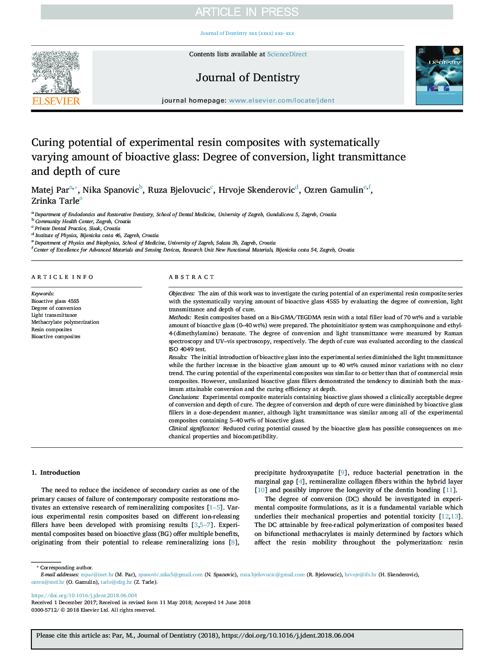 Curing potential of experimental resin composites with systematically varying amount of bioactive glass: Degree of conversion, light transmittance and depth of cure