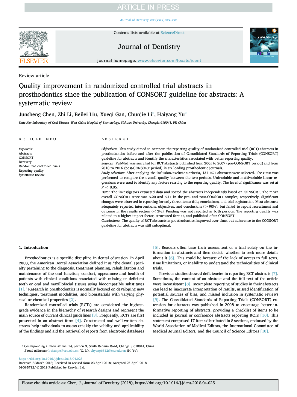 Quality improvement in randomized controlled trial abstracts in prosthodontics since the publication of CONSORT guideline for abstracts: A systematic review