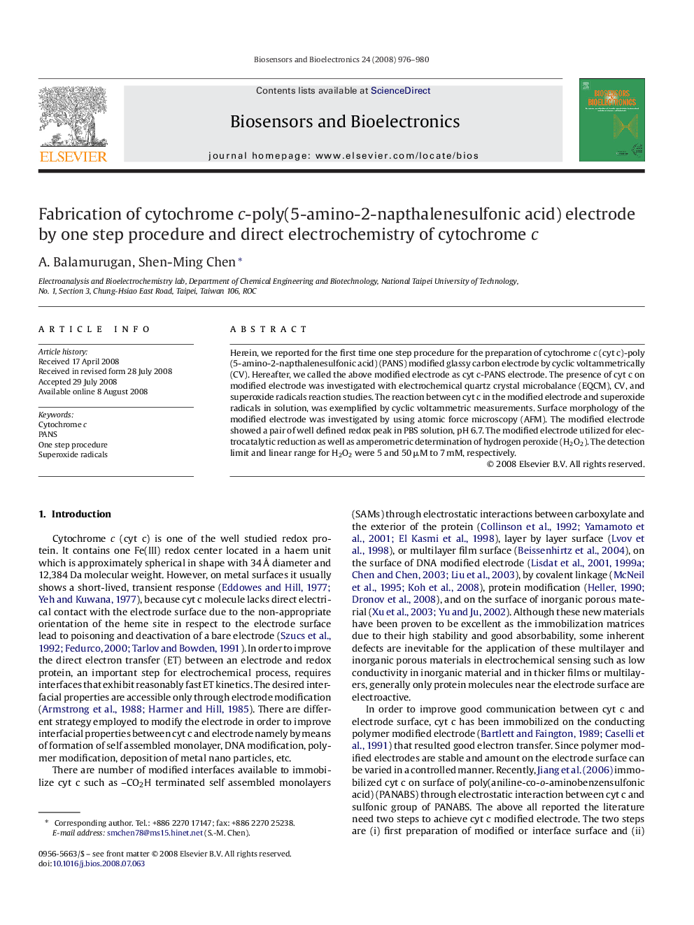 Fabrication of cytochrome c-poly(5-amino-2-napthalenesulfonic acid) electrode by one step procedure and direct electrochemistry of cytochrome c