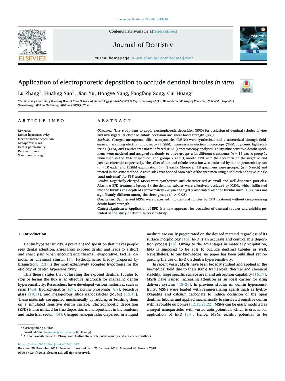 Application of electrophoretic deposition to occlude dentinal tubules in vitro